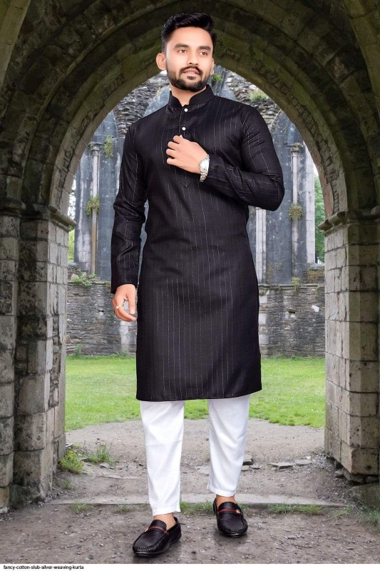 Men’s silver lining cotton kurta with white cotton payjama 163