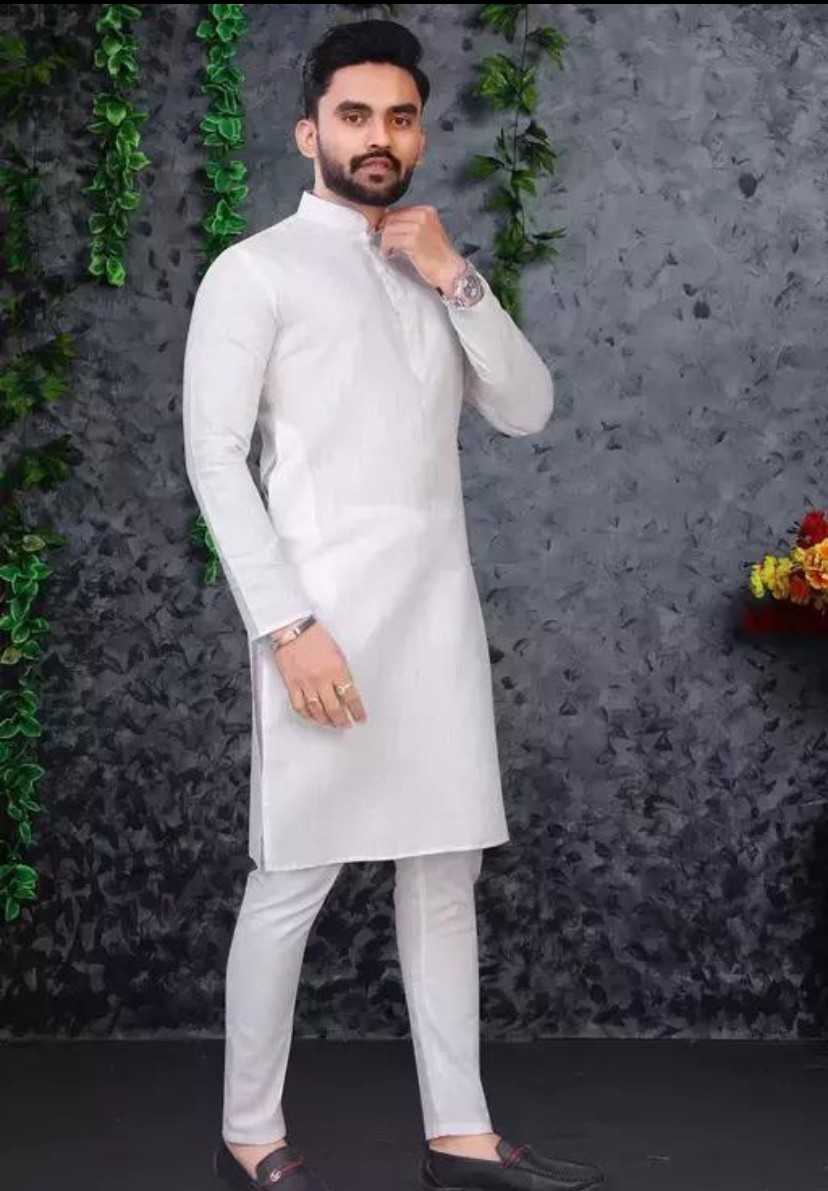 Plain white men’s kurta with white payjama KM002