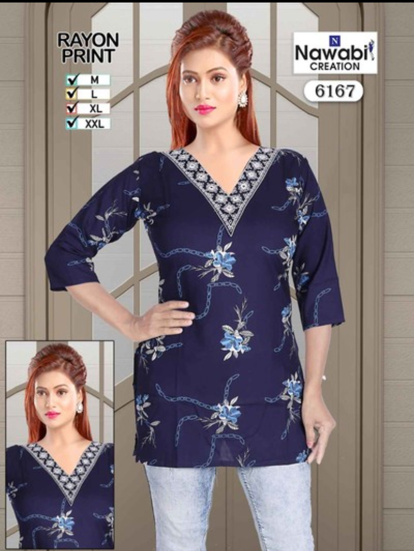 Rayon Embroidery Work with Print Short Kurti 182