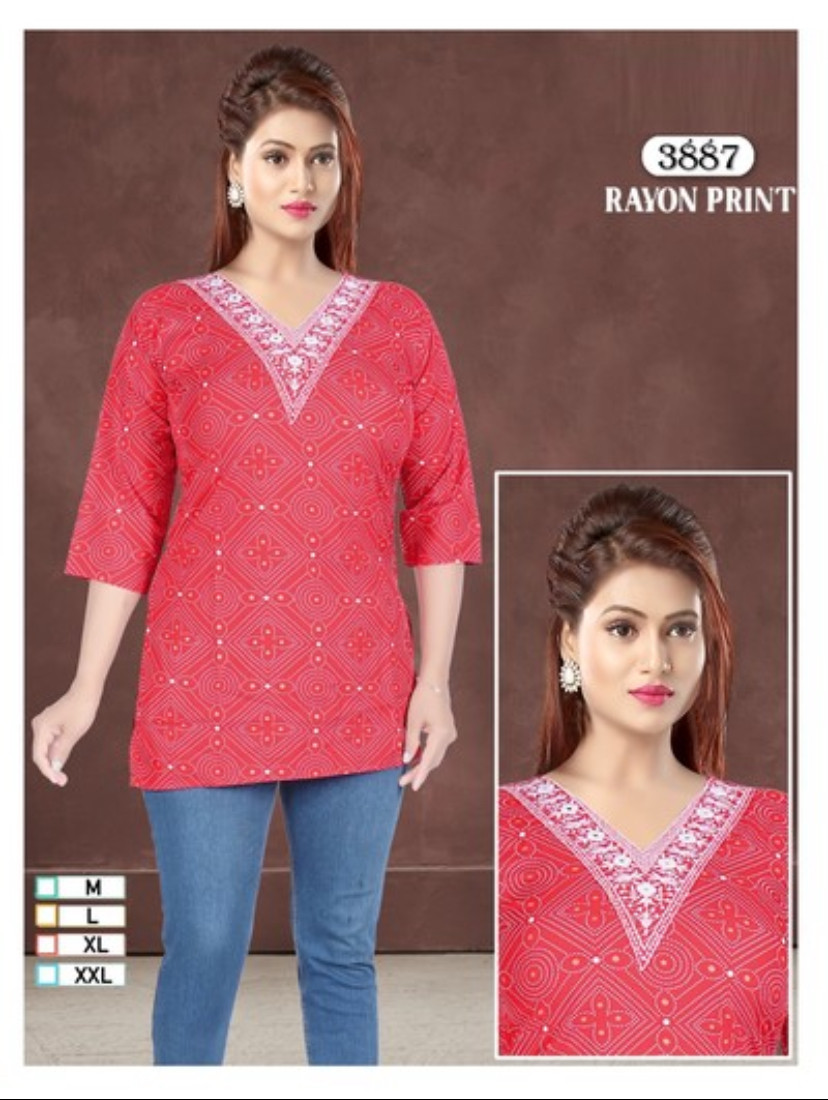 Rayon Embroidery Work with Print Short Kurti 179