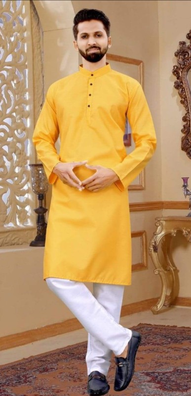 Plain Yellow men’s kurta with white payjama 157