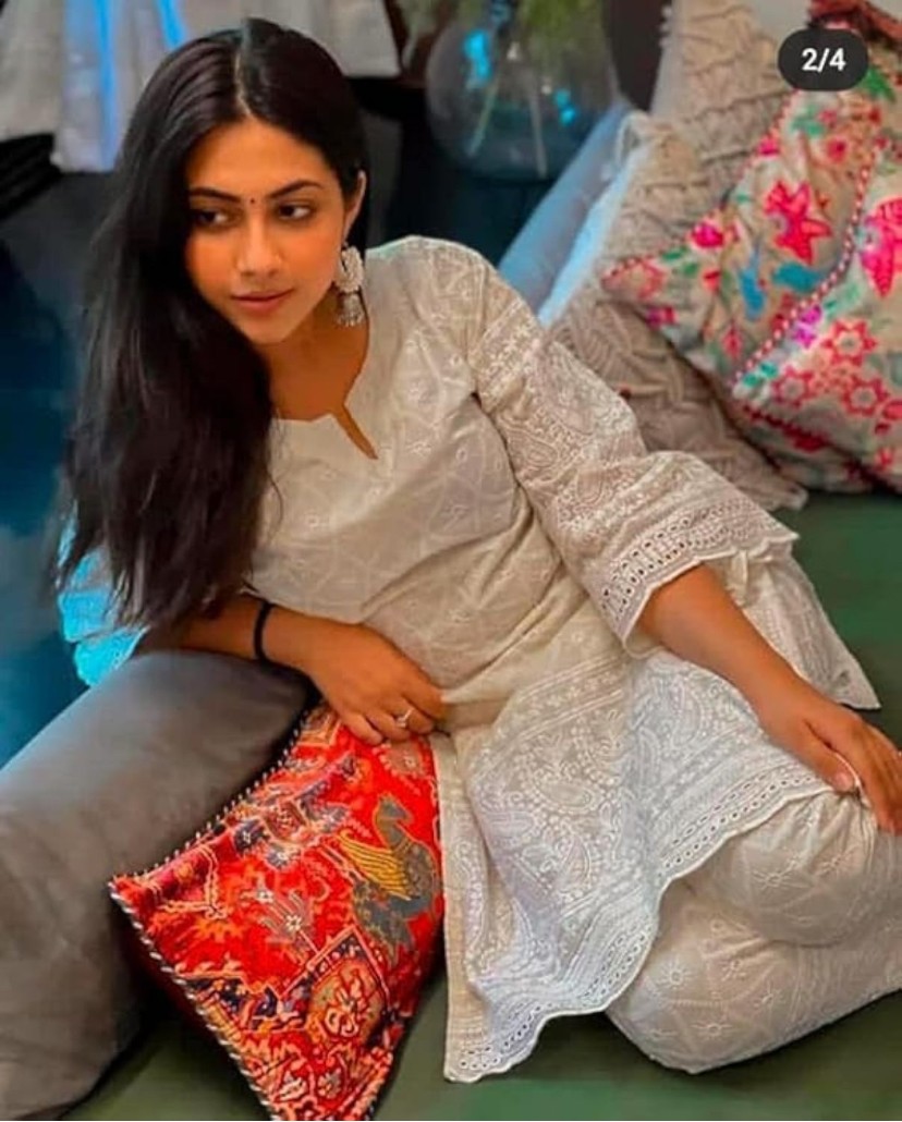 Jaipur Threads work Women Kurta and Pant Set Off White With white dupatta 3 pcs set