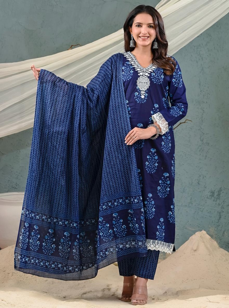 Cotton Embroidery work kurti with pant and Dupatta 058