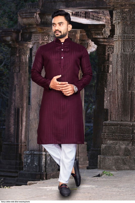 Men’s silver lining cotton kurta with white cotton payjama 155
