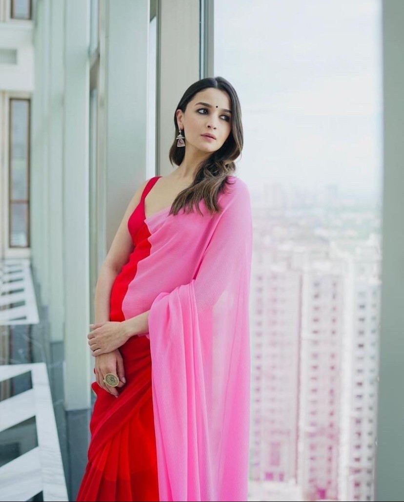 Alia design Georgette pink & white combination saree