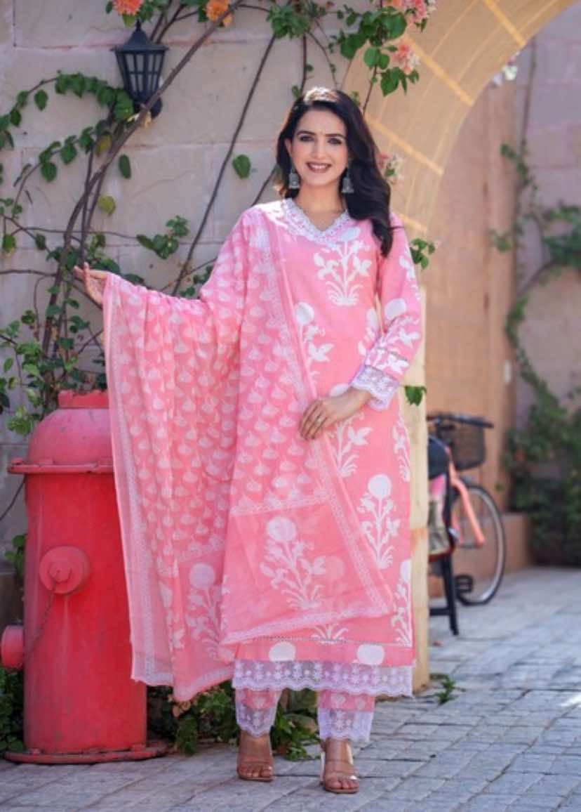 Malini - Cotton 60-60 Straight Embroidery Printed Kurti With pant and Dupatta 122