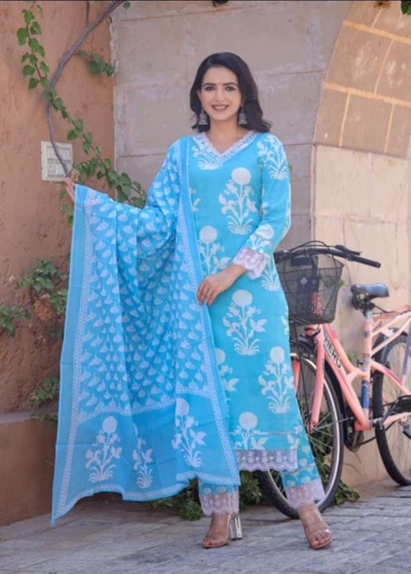 Malini - Cotton 60-60 Straight Embroidery Printed Kurti With pant and Dupatta 124