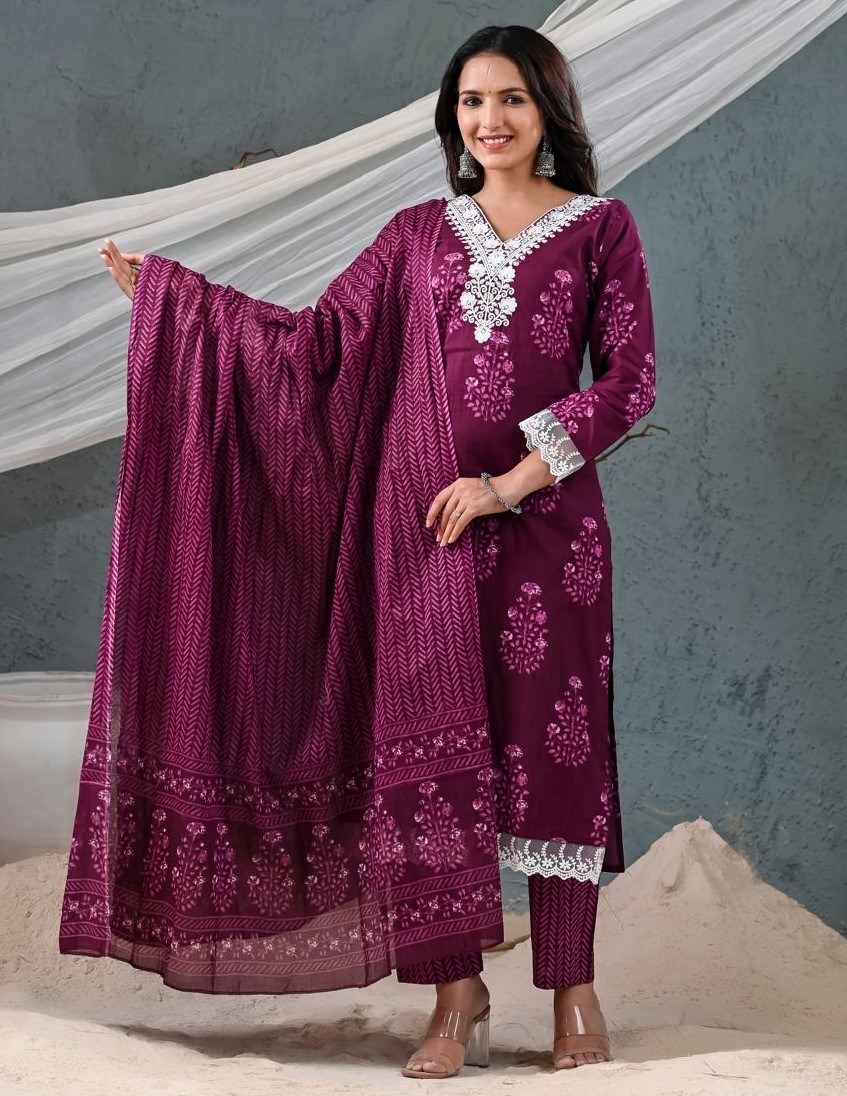 Cotton Embroidery work kurti with pant and Dupatta 059