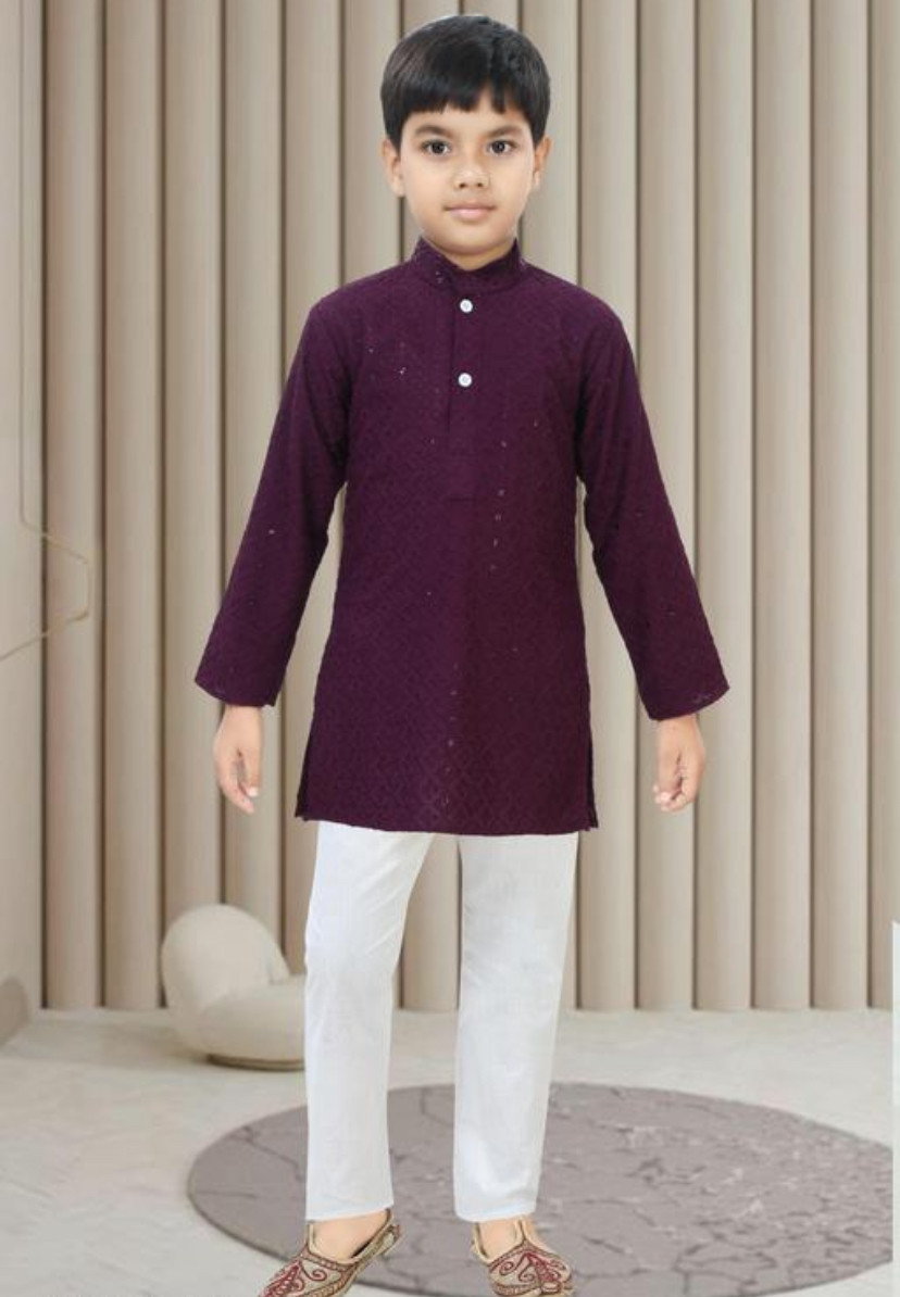 Boy’s Festive cotton soft chikenkari embroidery work kurta payjama set 096