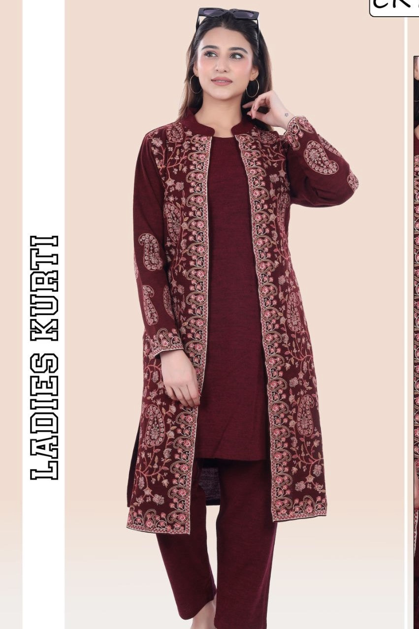 3 PCS Srug type Woolen embroidery kurti Outer,inner,pant 131