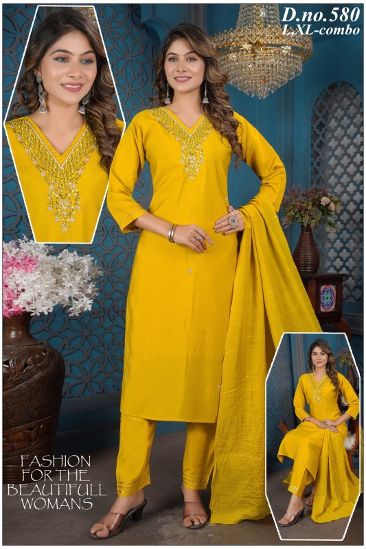 Roman Silk A-line Hand Work Kurti With Bottom and Dupatta KM043